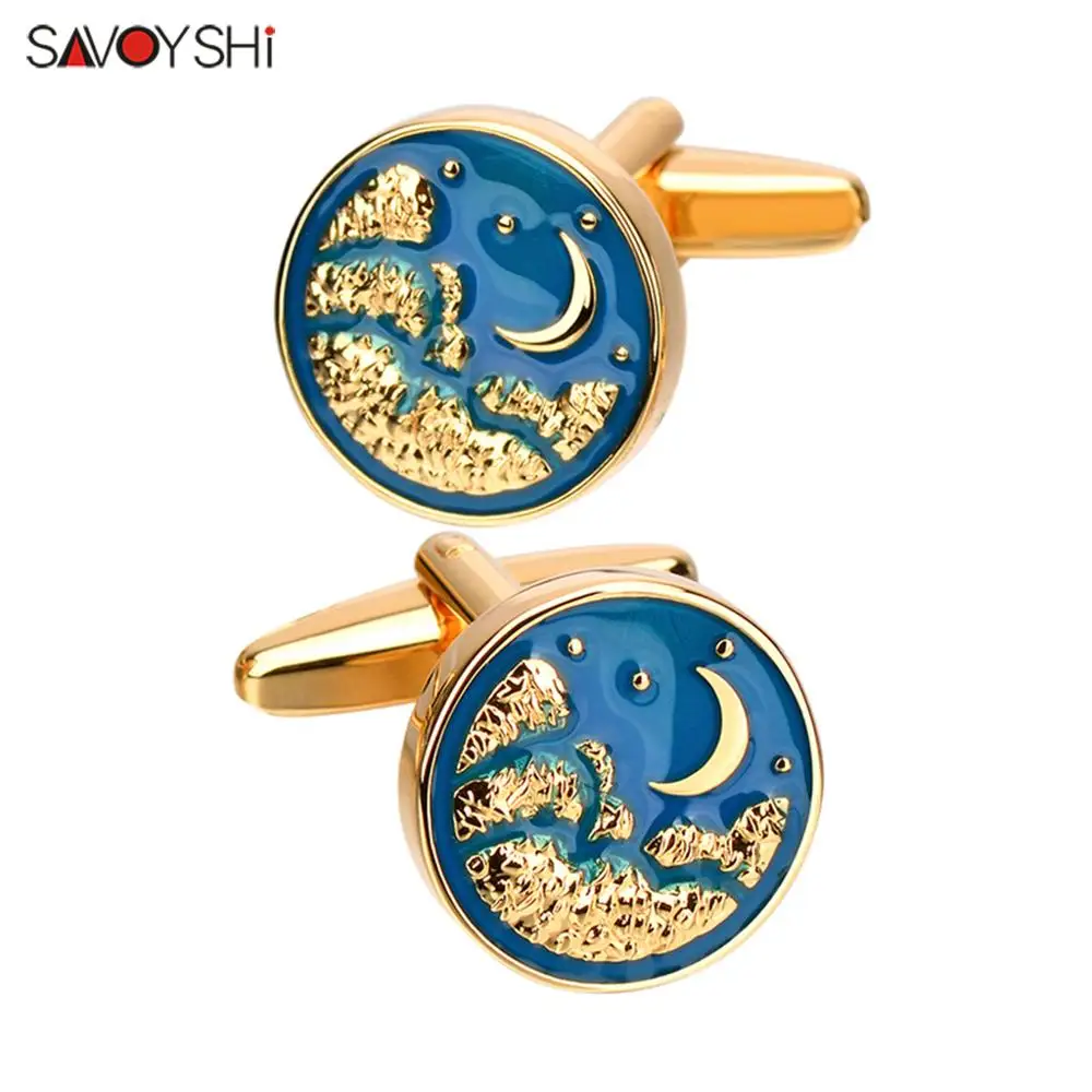 SAVOYSHI Fashion Round Gold Color Cufflinks For Mens Shirt Cuff Buttons Blue Enamel Night Starry Sky Design Cuff links Brand