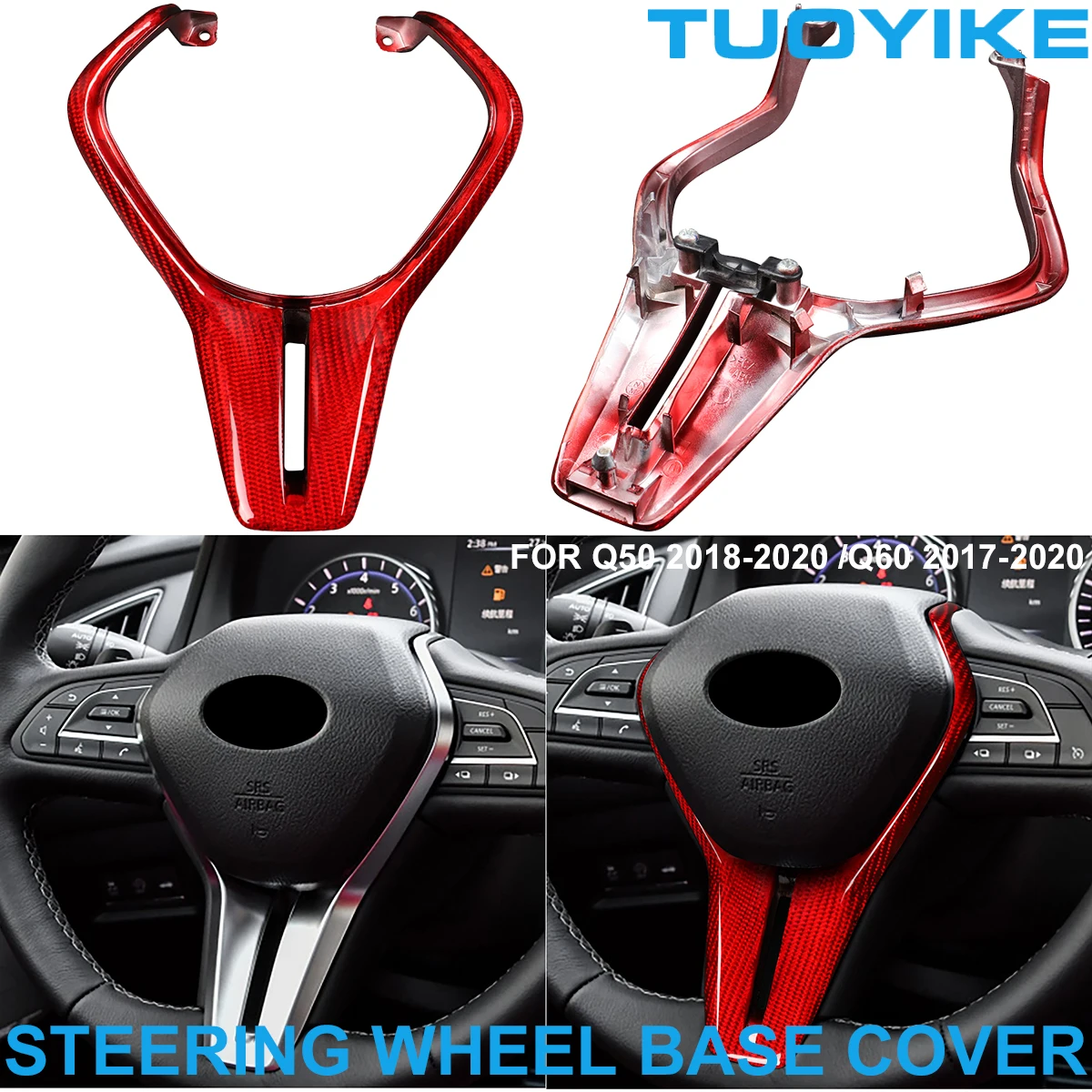 

Car Styling Black / RED Real Carbon Fiber Steering Wheel Base Trim Cover Sticker Replac For INFINITI Q50 2018-2020 Q60 2017-2020