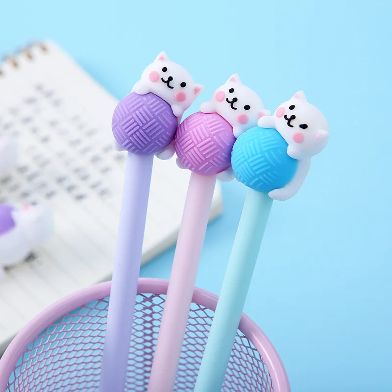 3pcs Cute Cat Playing with Wool Pen Ballpoint 0.5mm Black Color Gel Ink Pens for Writing Kids Girl Gift Office School A6987