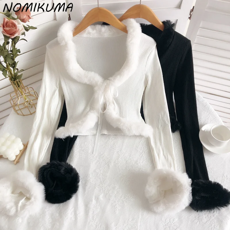 Nomikuma Fashion Fur Patchwork Women Shirts Sexy Crop Top Blouse Cardigan 2023 Autumn New Bow Tie Korean Blusas 6V369