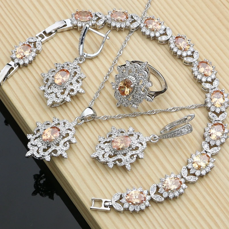 Women Fashion Bridal Jewelry Sets Champagne CZ for Wedding Earrings Rings Necklace Jewelry Suit Dropshipping