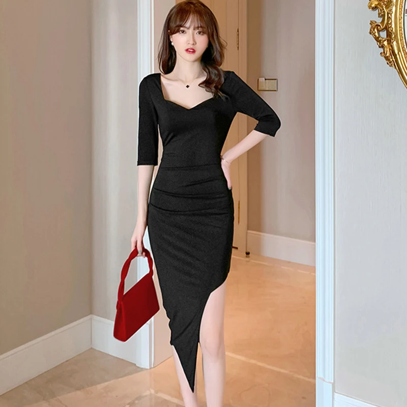 Summer Midi Skinny Bodycon Party Club Dress Ladies OL Elegant Retro Sexy Deep V Low-cut Black Asymmetrical Beach Holiday Dress