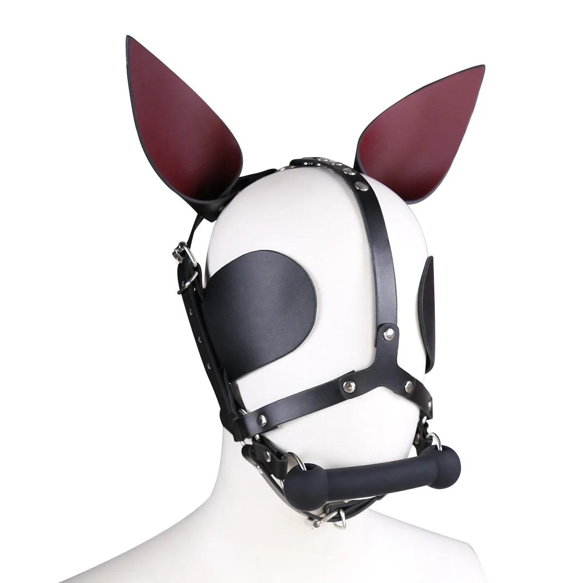 Fetish Leather Harness Head Piece Hood Mask With Silicone Bone Mouth Gag Ears Eye Shade Bit Blindfold For Pony Pet Cosplay Bdsm