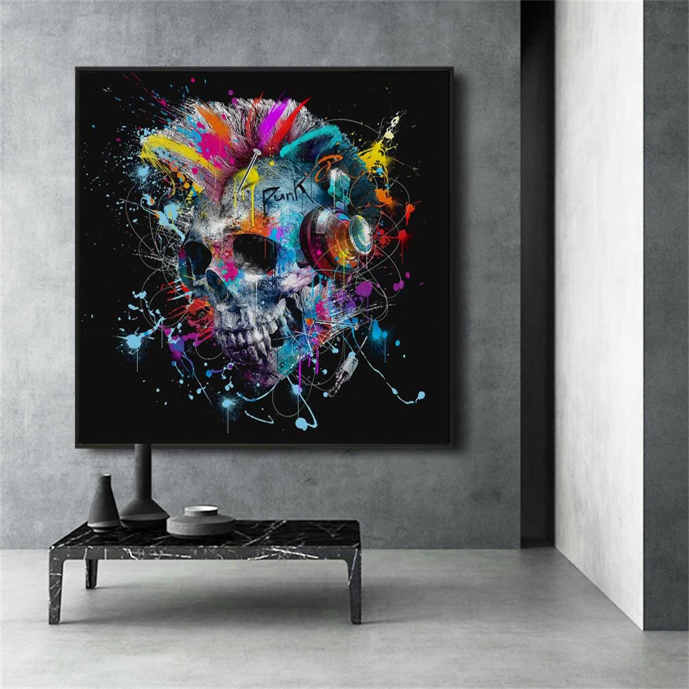 Modern Graffiti Art Posters and Prints, Wall Art Canvas Painting, Abstract Skull with Headphones, Pictures for Living Room Decor