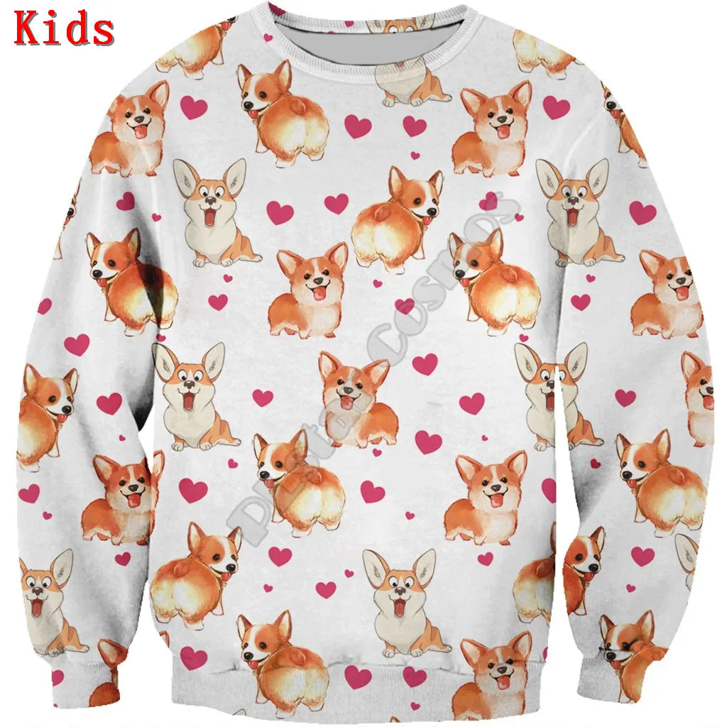 Love Cute Welsh Corgi 3d printed Hoodies Pullover Boy For Girl Long Sleeve Shirts Kids Funny Animal Sweatshirt 07