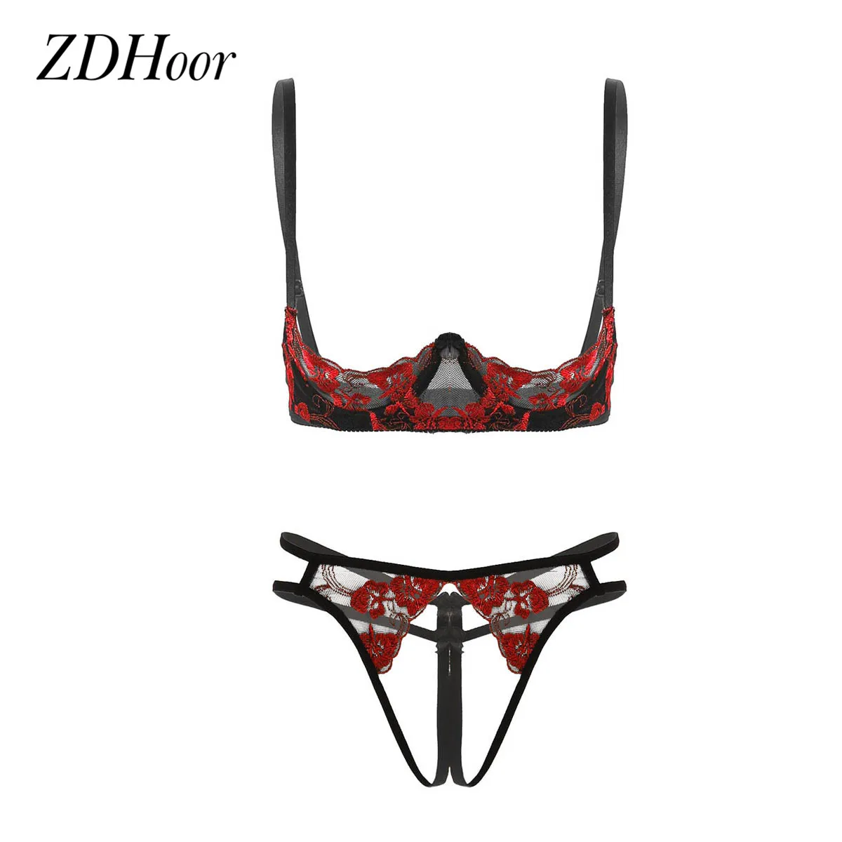 

Womens Erotic Embroidery Floral Lace Lingerie Set Bare Exposed Breasts Underwire Bra Top Crotchless G-string Thong Briefs