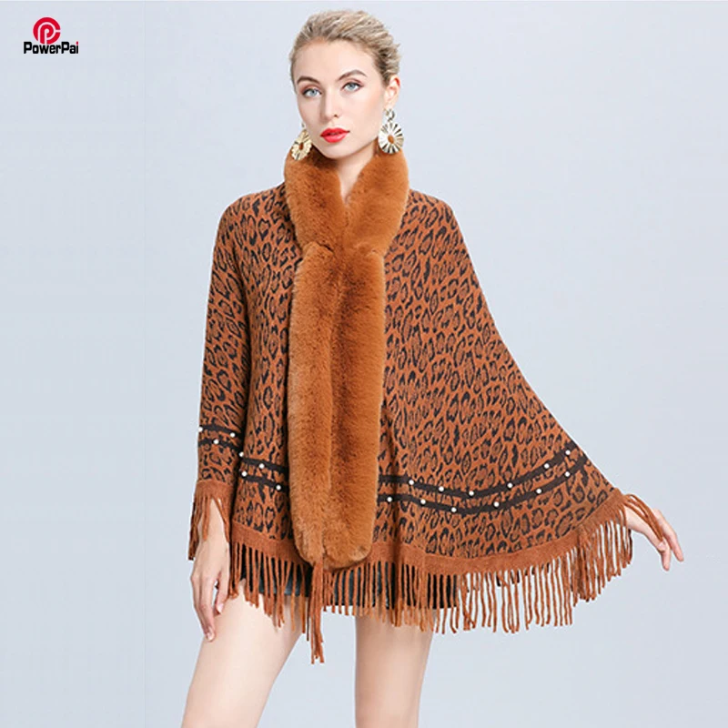 

Fashion Tassels Beading Fuax Fur Shawl Wraps Jacquard Leopard Knit Cashmere Cape Tippet Women Autumn Winter Pashmina