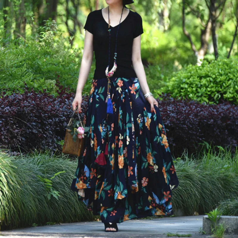 TIYIHAILEY Free Shipping 2021 Fashion Long Maxi A-line Elastic Waist Women Summer Cotton Print Flower Navy Blue Big Hem Skirt