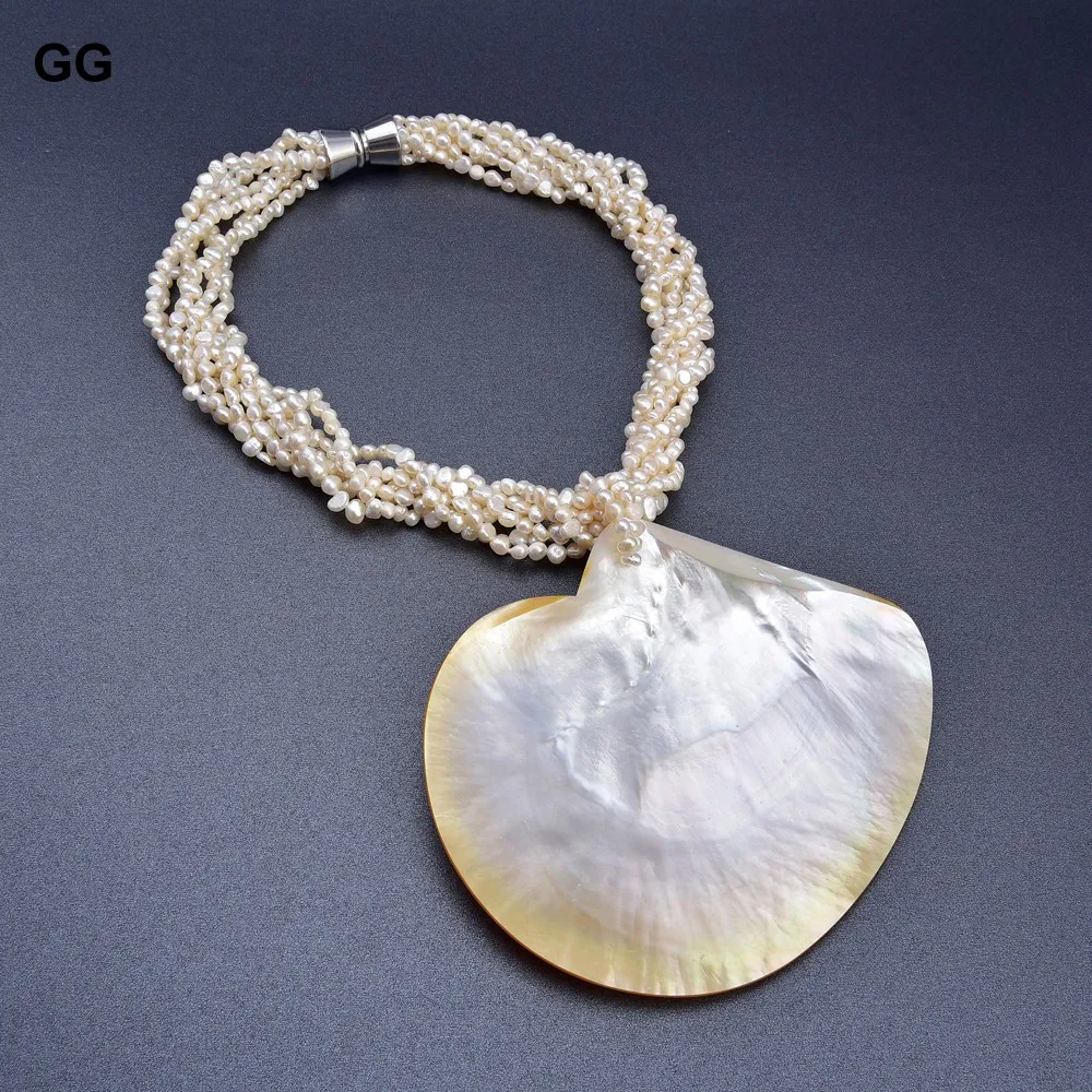 GuaiGuai Jewelry 7 Rows Natural White Keshi Pearl Big Shell Pendant Necklace