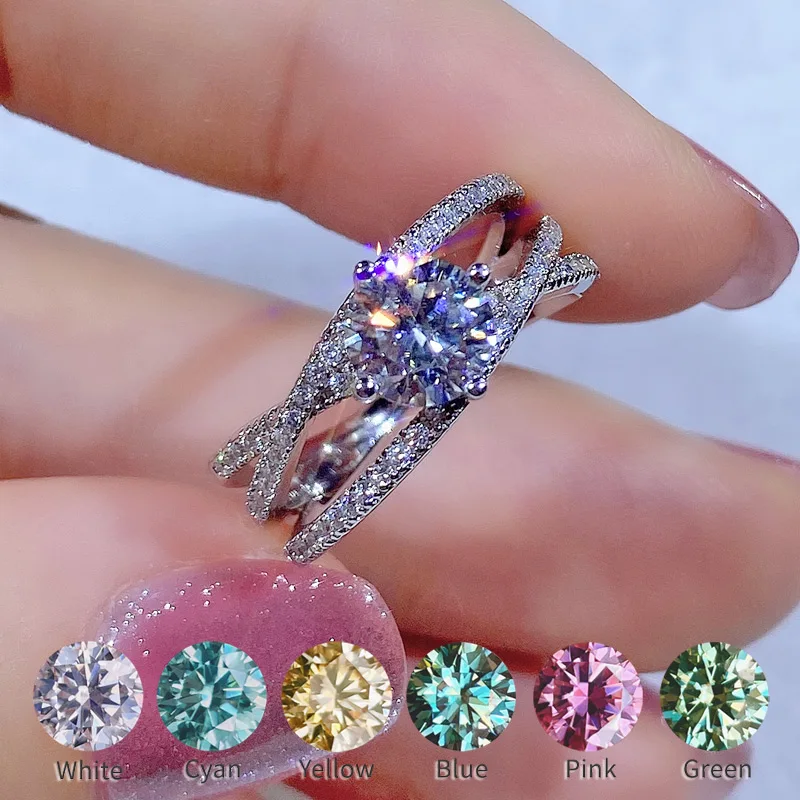 

Wholesale 6.5mm Real Moissanite Ring One Carat 1CT Blue Cyan Pink Yellow Green White Diamond Rings Three Laps Sterling Silver