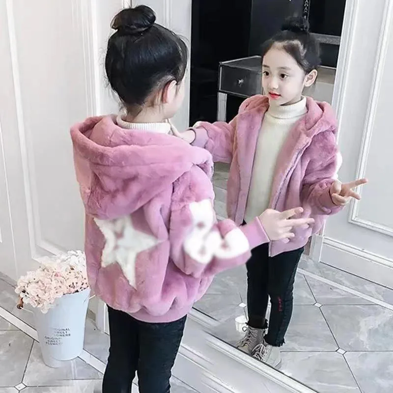 Winter Christmas Present Children Coat Plush Imitation Fur Thicken Girls Jacket Keeping Warm Hooded Outerwear For Kids 1-8 Year