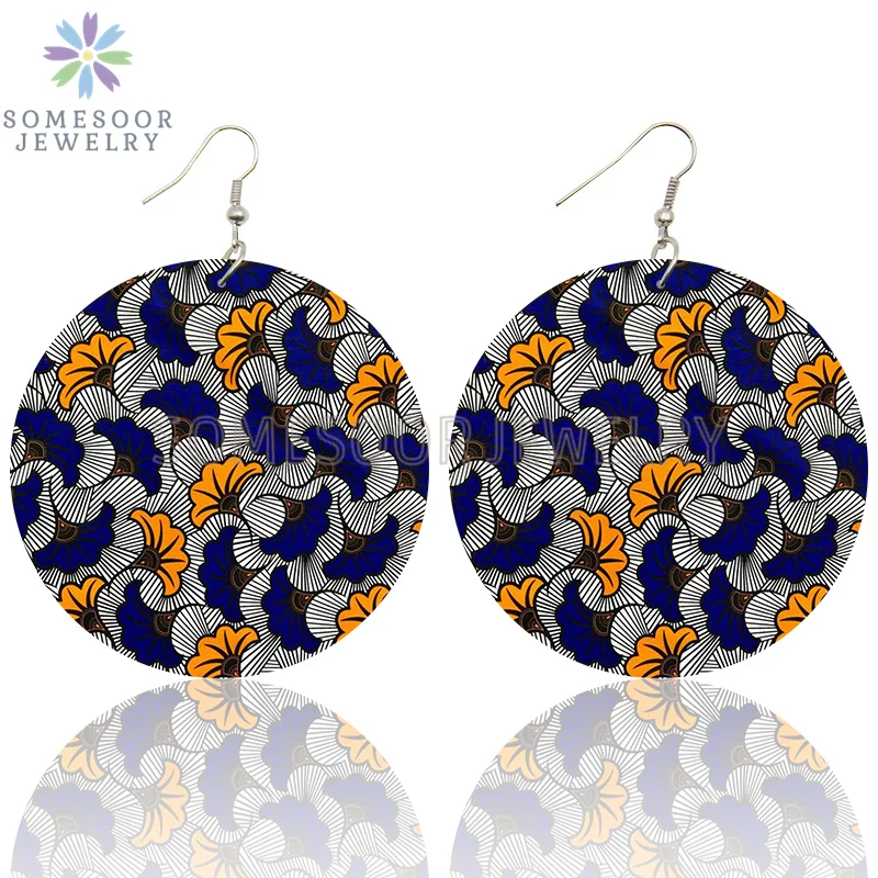 SOMESOOR Afrocentric Headwrap Fabric Design Printed Wooden Drop Earrings Bohemian Ethnic Loops Dangle 8 Styles For Women Gifts
