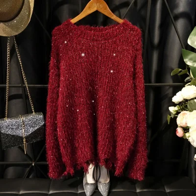 Cakucool Women Shiny Lurex Sweater Bling Loose Pink Round Neck Korea Sweaters Ripped Holes Autumn Spring Oversize Jumpers Lady