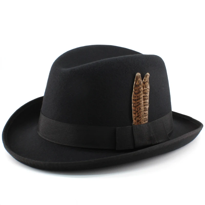 Men Women Wool Blend Classical Retro Homburg Hats Feather Band Fedora Caps Trilby Sunhat Jazz Winter Warm Adjustable Size M-L