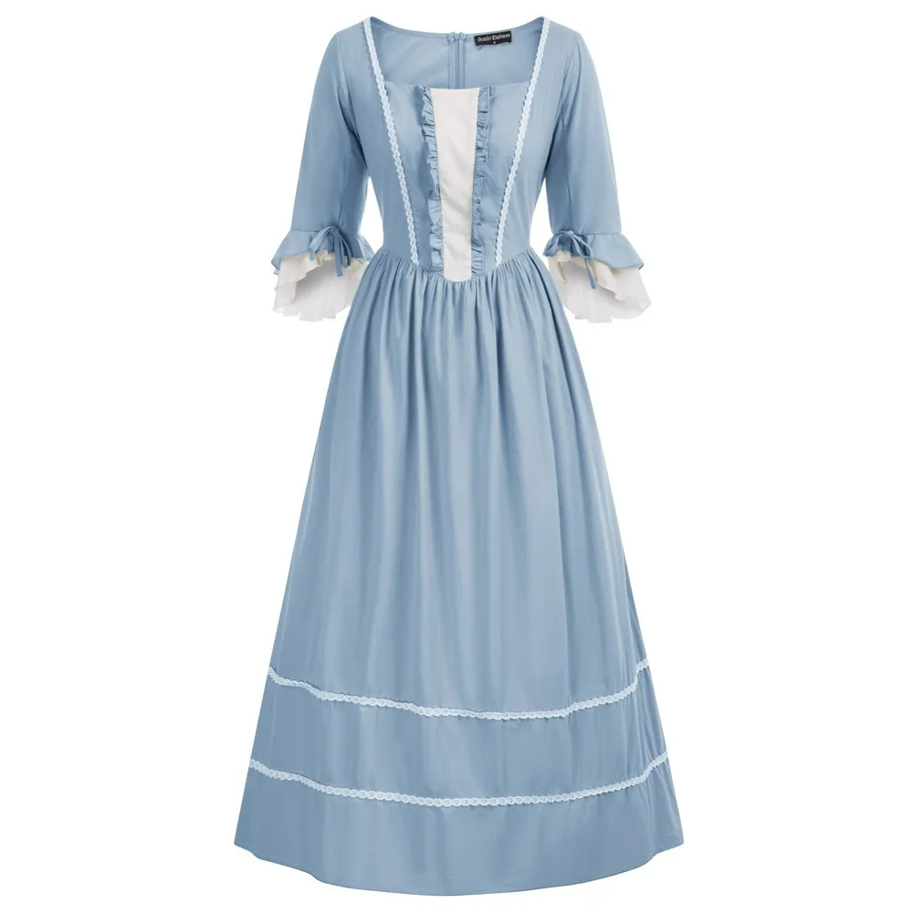 

SD Women Renaissance Contrast Color Dress 3/4 Sleeve Square Neck Dress Pioneer Colonial Costume V Neck Prairie Civil War Dresses