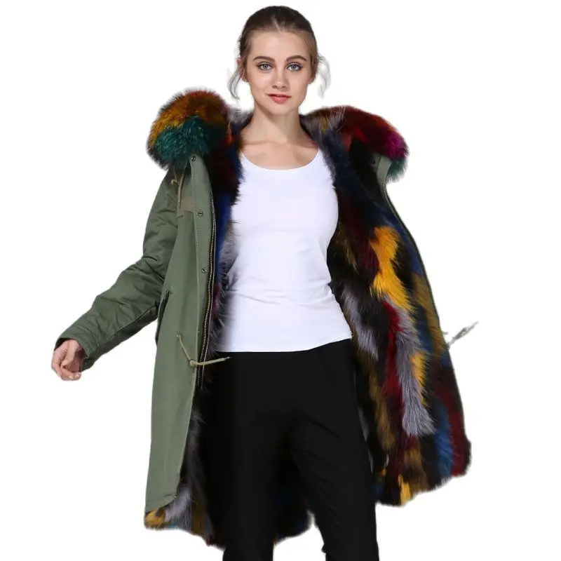 Top Quality Mhnkro Colorfully Fur Lined Long Army Green Raccoon Real Fur Lined Dyed Color Furs Couple Wear