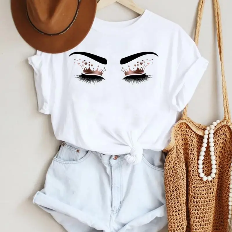 Make Up Letter Funny New Eye Eyelash Fashion Cartoon Summer Lady Print Tee Stylish T Top  Tshirts 2021 Women Clothes