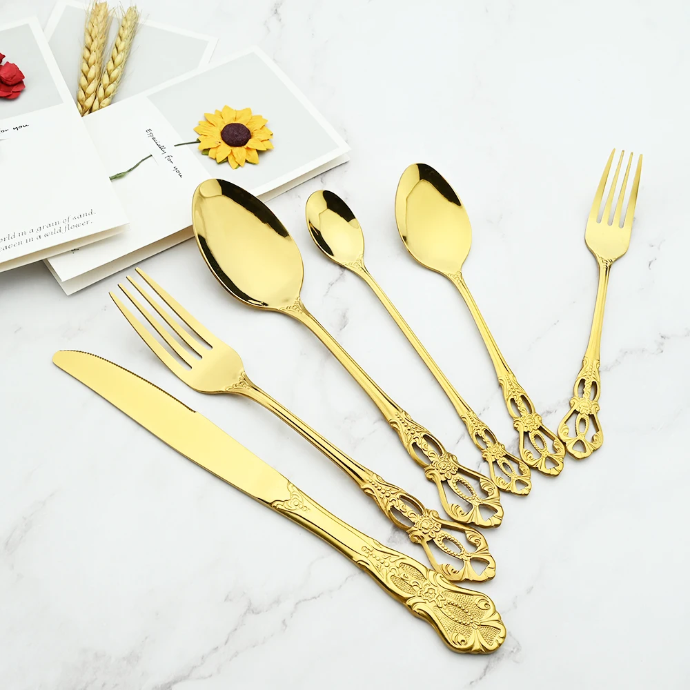 Vintage Royal Silver Dinnerware Stainless Steel Set Mirror Spoons Forks Knives Ice Cream Spoon Silverware Wedding Tableware Gift