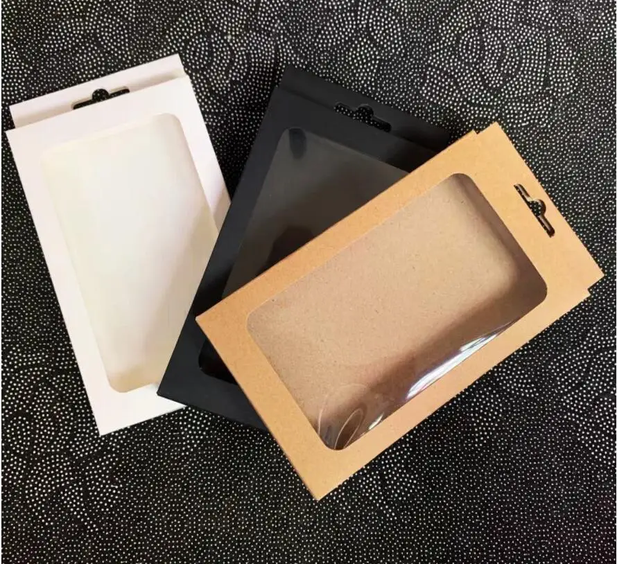 50pcs Phone Case Packaging Box Kraft Paper Phone Box Black Window Package Cardboard Boxes White Gift Box With Hang Hole