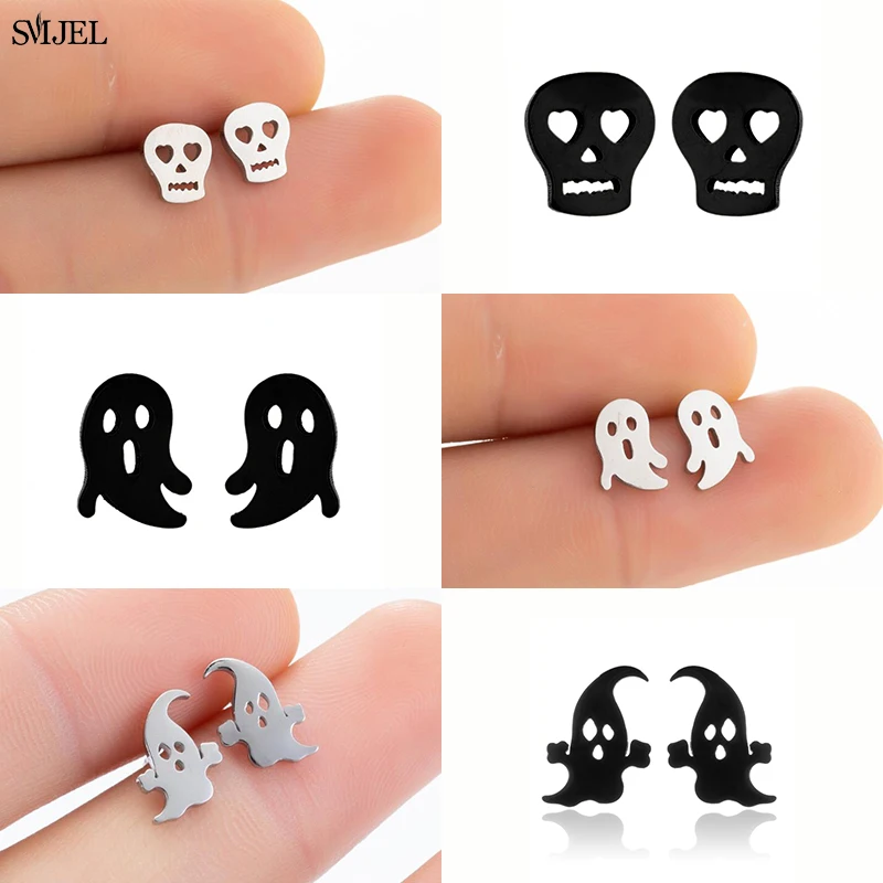 Silver Color Black Skull Stud Earrings For Women Men Halloween Ear Piercing Post Earrings Antique Stainless Steel Jewelry Gifts