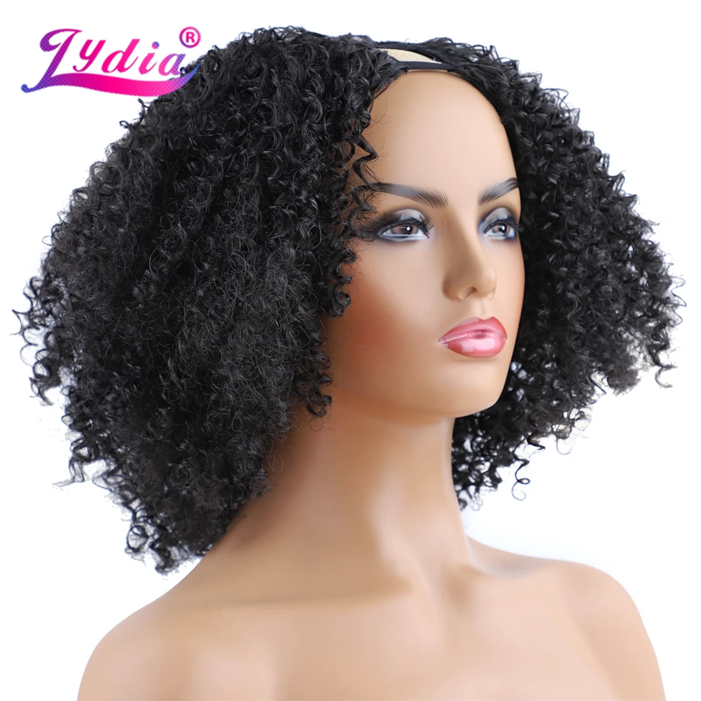 Lydia-peluca rizada Afro para mujer, pelo sintético resistente al calor, parte en U, Color negro, 130% de densidad, 16 pulgadas, diario, 1B #