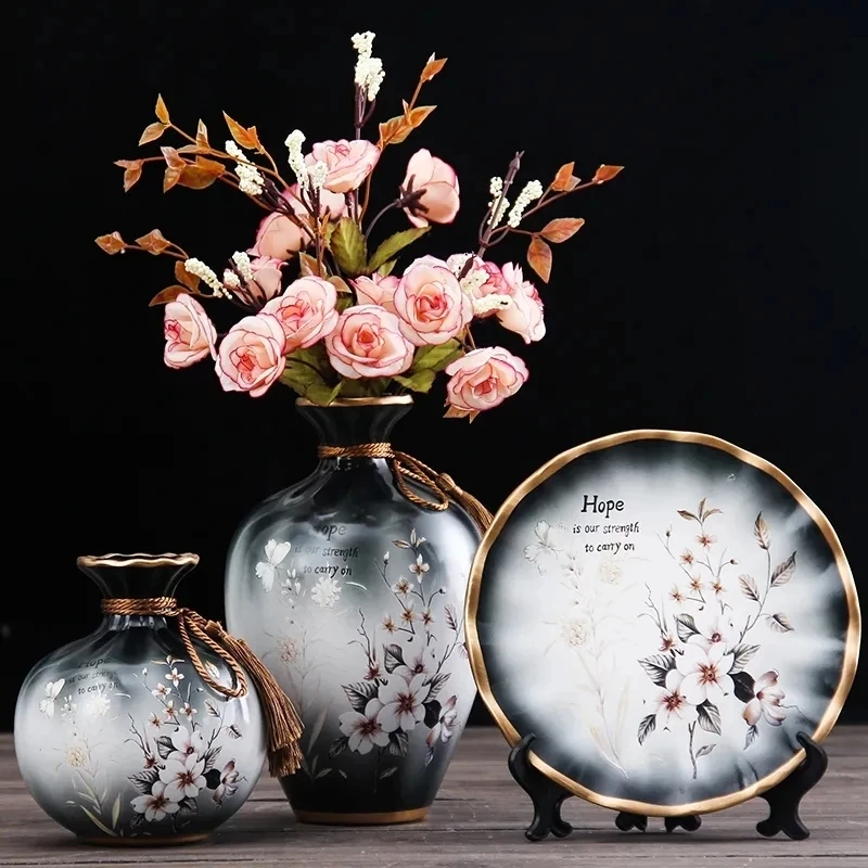 3Pcs/Set European Ceramic Vase Dried Flowers Flower Arrangement Wobble Plate Living Room Entrance Ornaments Home Decorations