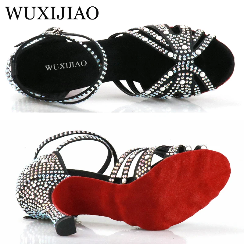 WUXIJIAO Women Latin Dance Shoes Rhinestones Soft Bottom Salsa Shoes For Dancing Ladies Sandals Women\'s Wedding Hight Heels 7.5C