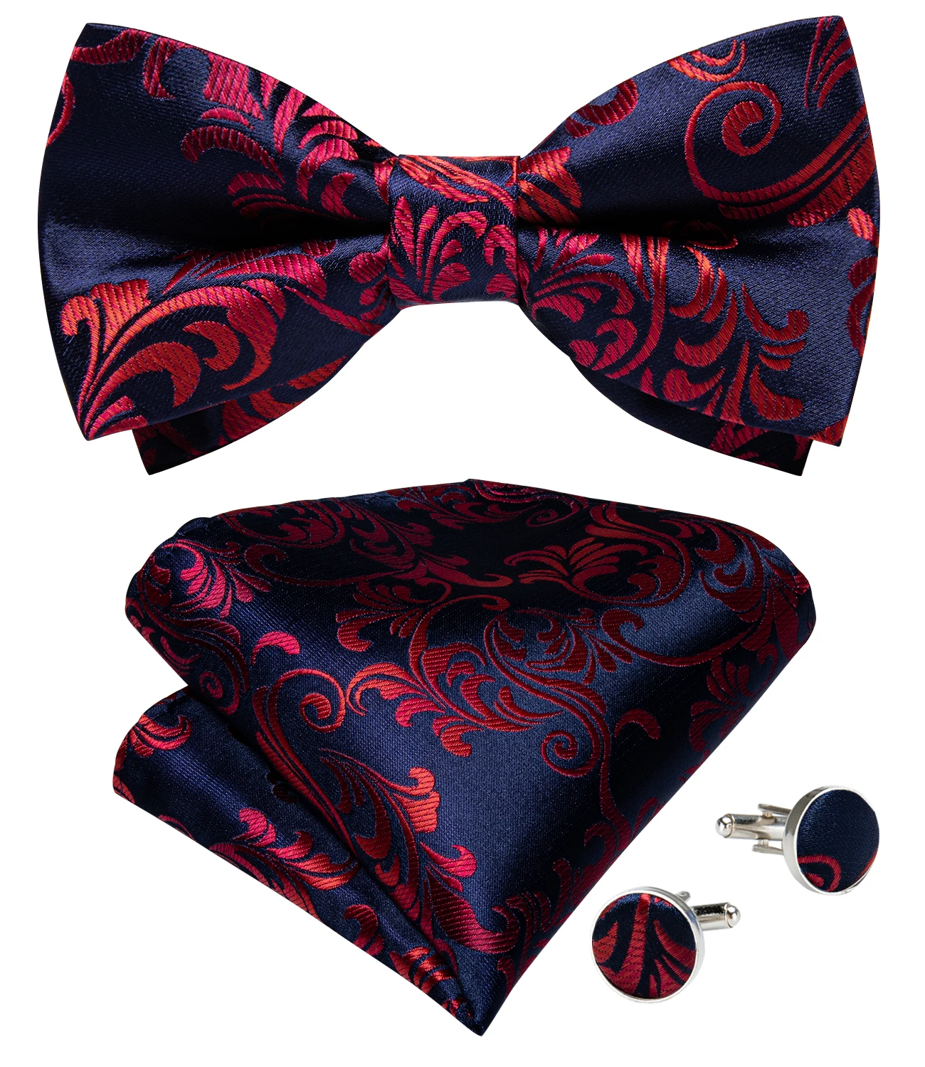 Herren-Fliege 3-teiliges Set Schwarz-Gold Blumenmuster Vorgebundene Fliege Manschettenknöpfe Einstecktuch-Set für Hochzeit Party Herren-Krawatte – Detail 10