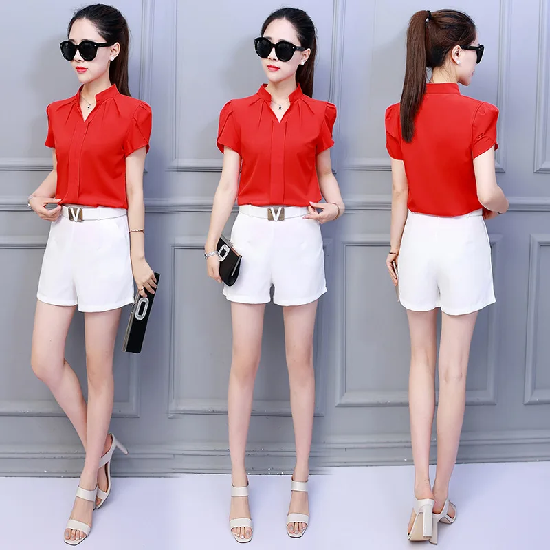 Korean Fashion Womens Tops and Blouses Chiffon Women Blouses Short Sleeve White Shirts XXL Ladies Tops