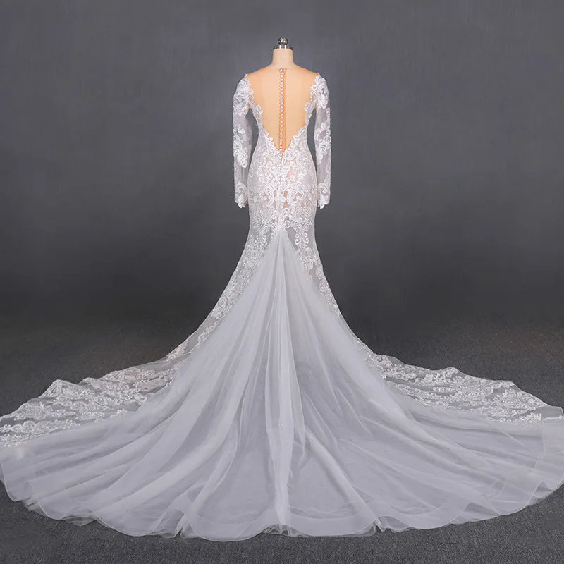 LSDZ07 Illusion Sexy V-Neck Cheap Crystal Mermaid Wedding Dress 2020 Long Sleeve Button With Back Appliques