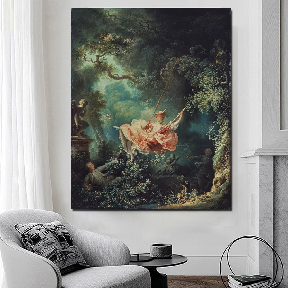 Famous Rococo Canvas Painting The Swing by Fragonard Poster And Print Wall Art Pictures