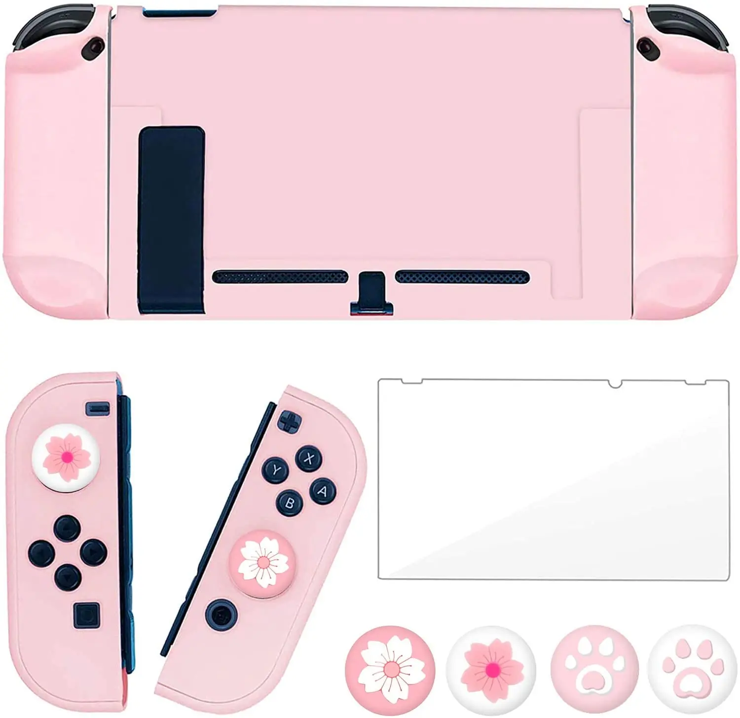 Capa protetora rosa para Nintendo Switch, Joy-Con Controladores, protetor de tela de vidro, 4 apertos do polegar