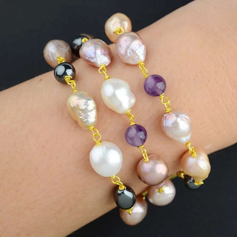 

8" 3 rows Multi Color Cultured Keshi Pearl Amethst Hematite Bracelet