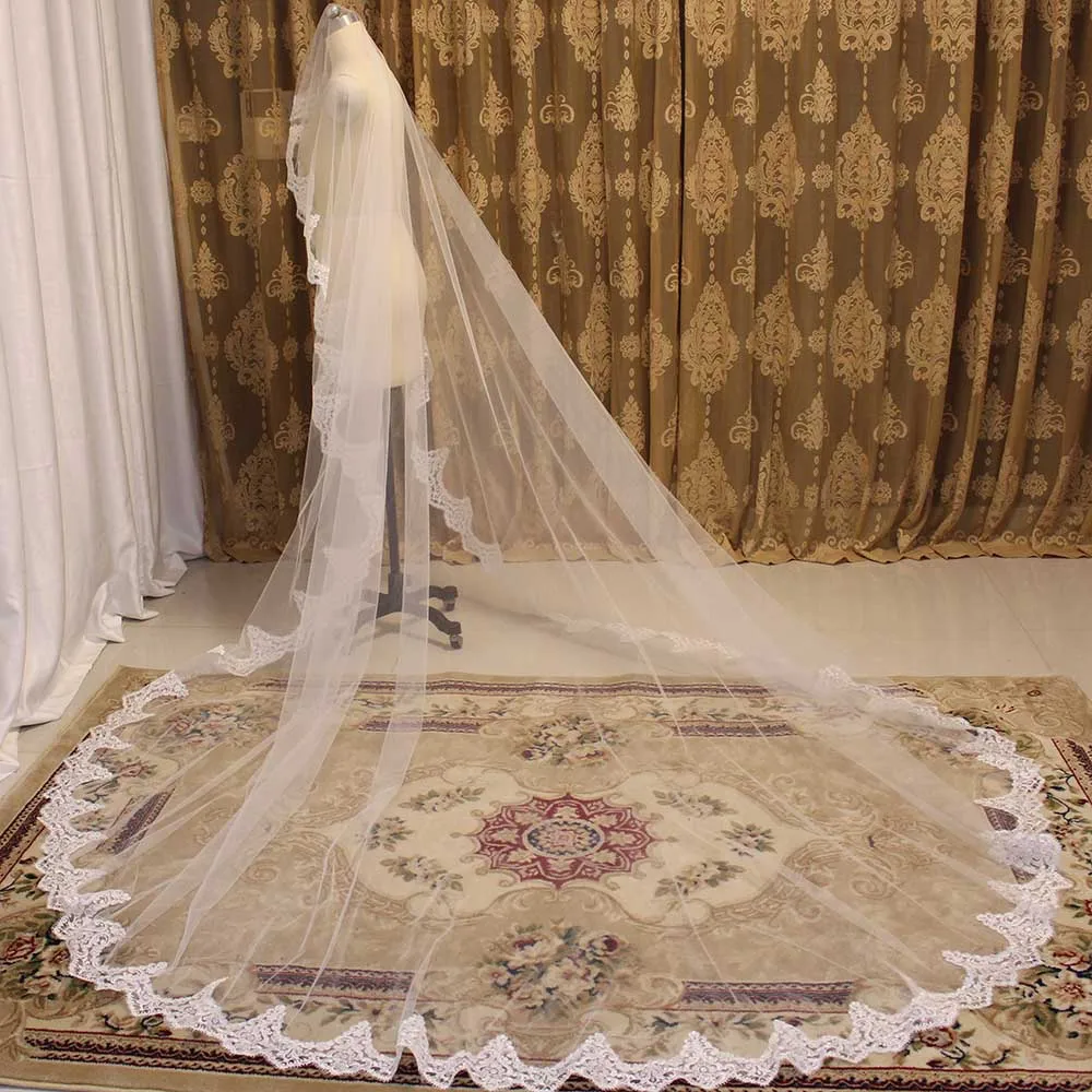 One Layer Lace Wedding Veil WITHOUT Comb 3 Meters Cathedral Cover Face Bridal Veil White Ivory Veil Bride Accessories