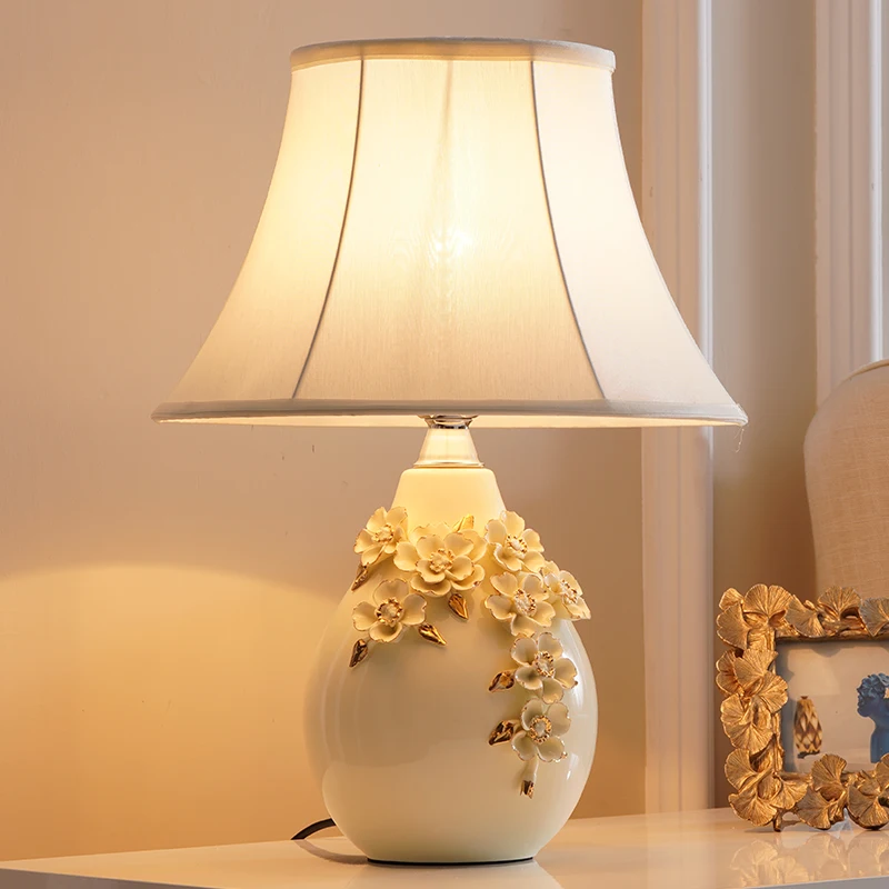 Chinese style carving white ceramic art Table Lamps Fashion white fabric E27 LED lamp for bedside&foyer&studio&tea room MF003