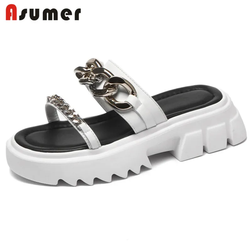 

Asumer 2021 New Arrive Women Slipper Genuine Leather Footwear Metal decoration Chain Fashion Flat Platform Slipper Women Shoes