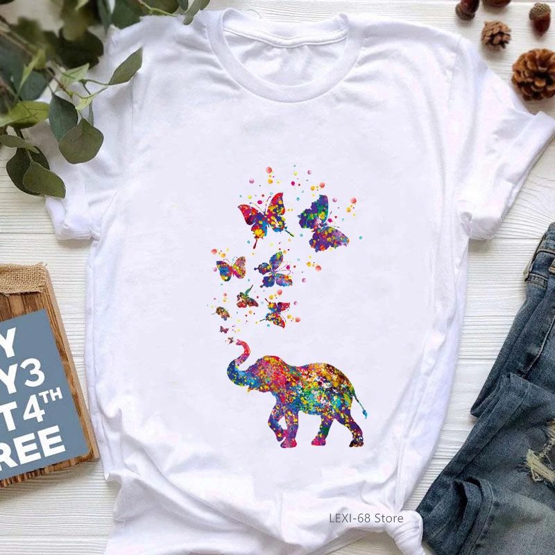 

Watercolor Elephant Butterfly Print Tshirt Women Clothes 2024 Funny T Shirt Female Summer Short Sleeve T-Shirt Female Wholesale