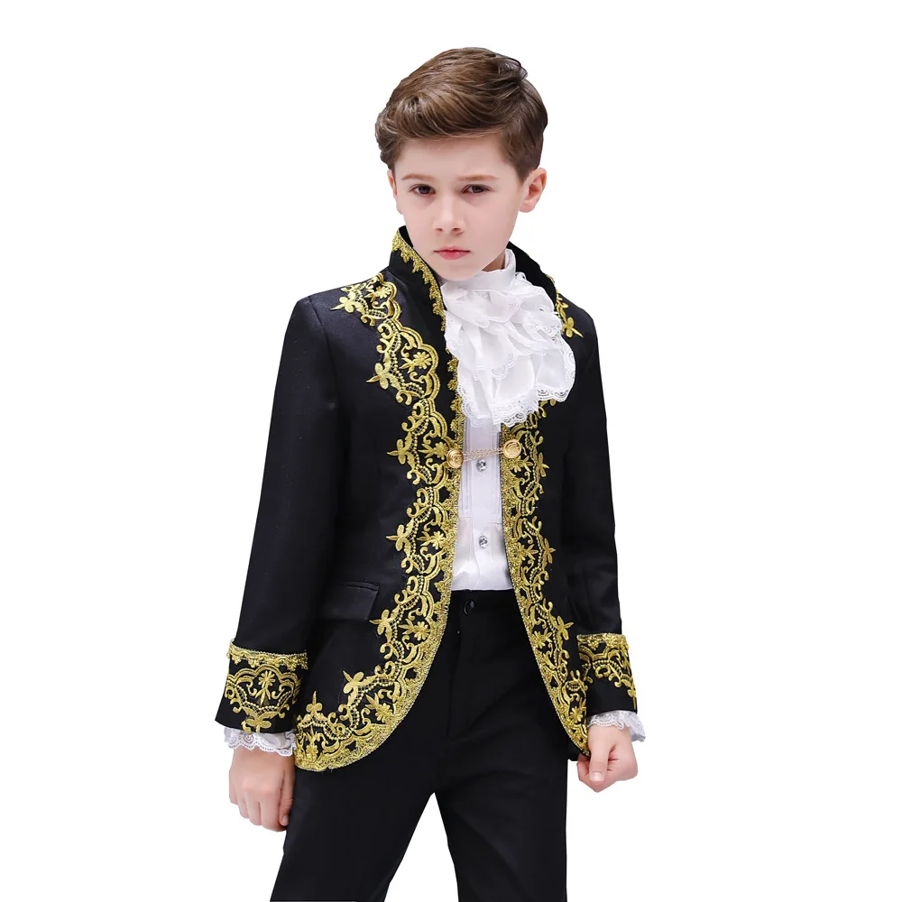 Boys European Style Court Drama Costume Children Golden Flower Stage Prince Charming Performance Clothing Set Kids Blazer Pants