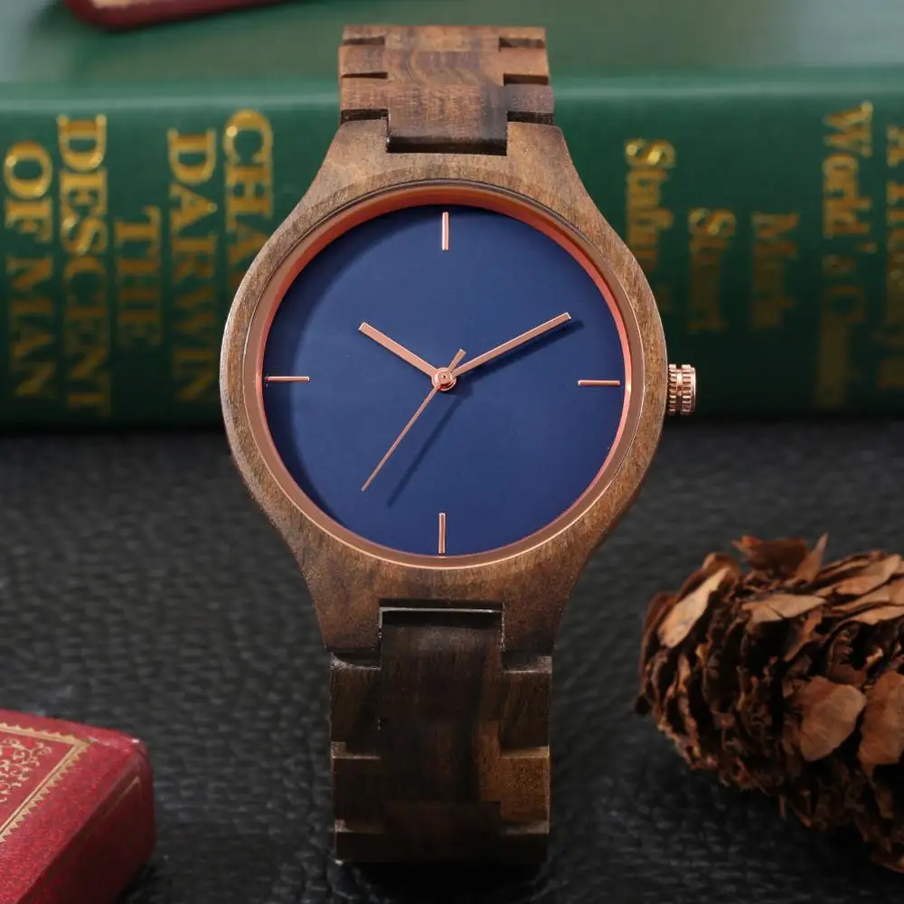 Retro Pure All Walnut Wooden Watch Simple No Word Blue Dial Clock Man Sports Full Wooden Band Quartz Wristwatches Relojes Hombre