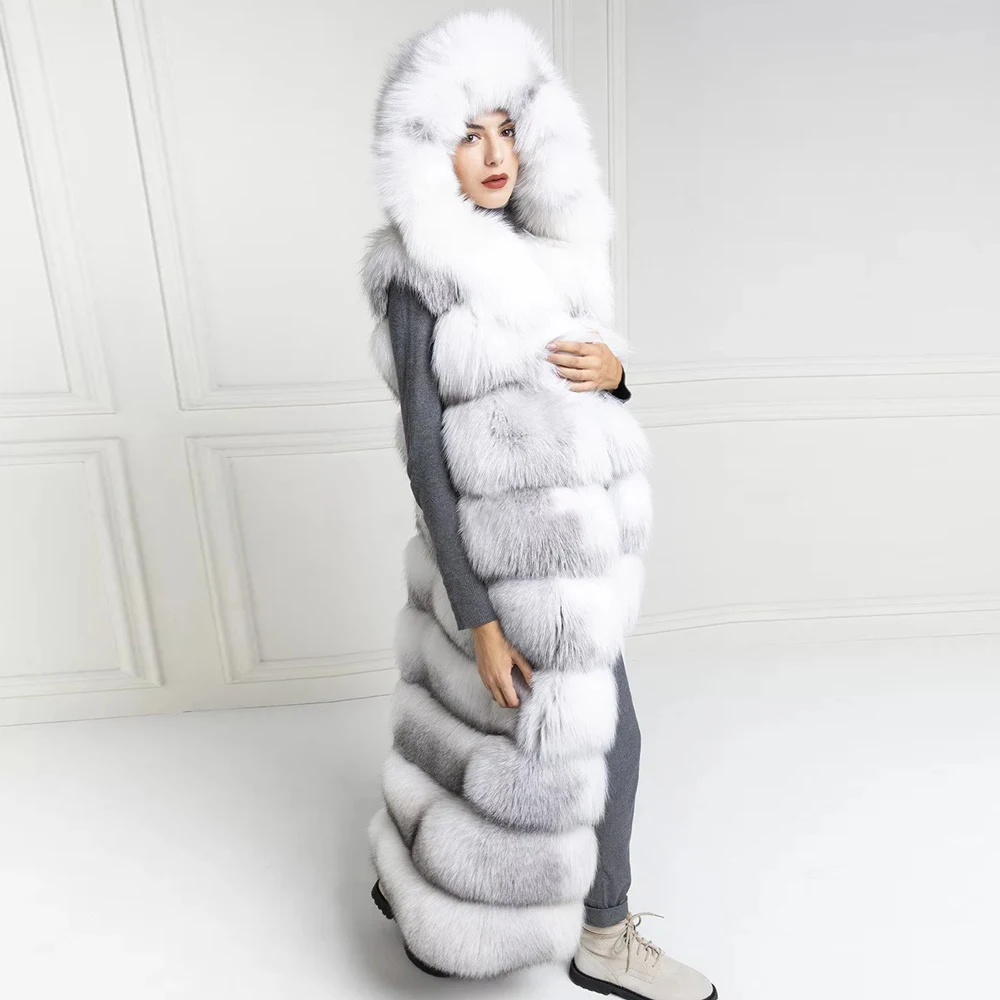 BFFUR Luxury Women Real Fox Fur Vest With Hood Winter Warm Overcoats Full Pelt Cross Fox Fur Jackets 130cm Long Natural Coats