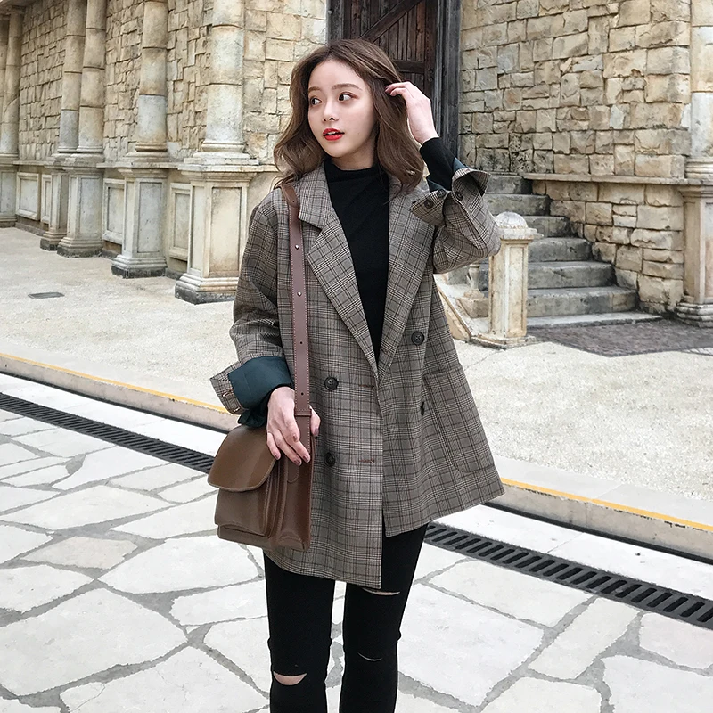 Blazers Women Plaid Simple Loose Elegant Womens Coat All-match Workwear Harajuku Korean Style Ulzzang Females Fashion Chic Daily