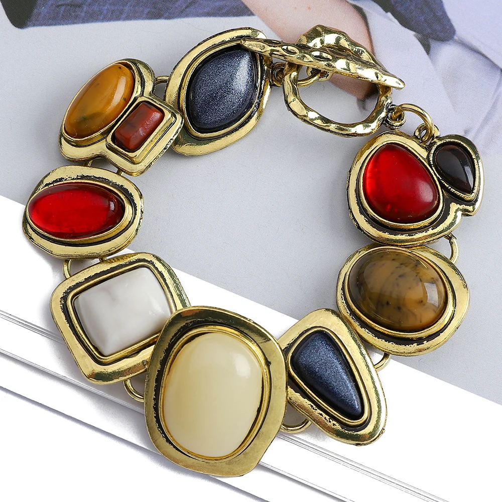 Bohemian Fashion Metal Inlay Colorful Rhinestone Glass Punk Vintage Bracelets For Women Trend Luxury Geometric Unique Jewelry