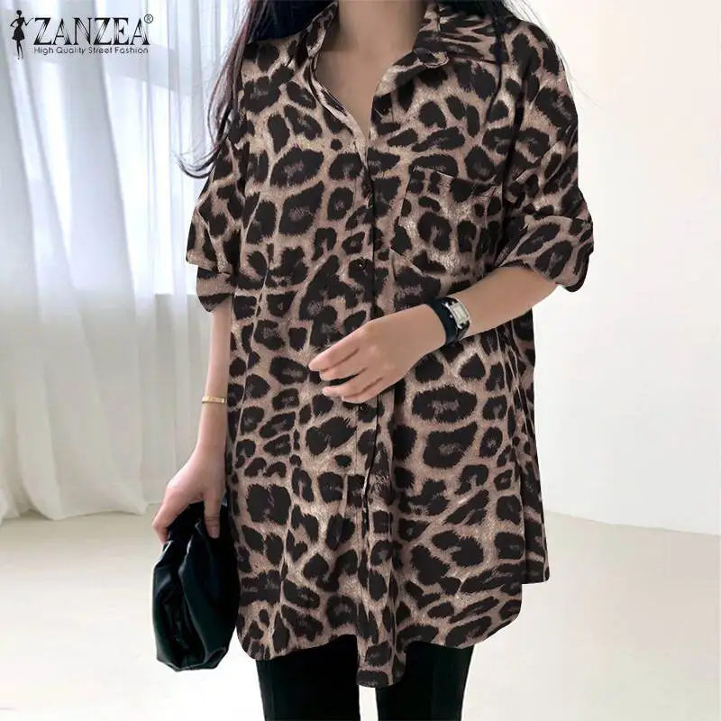 ZANZEA-Blusa informal con estampado de leopardo para mujer, camisa Vintage de manga larga con solapa, Túnica de gran tamaño para fiesta y vacaciones