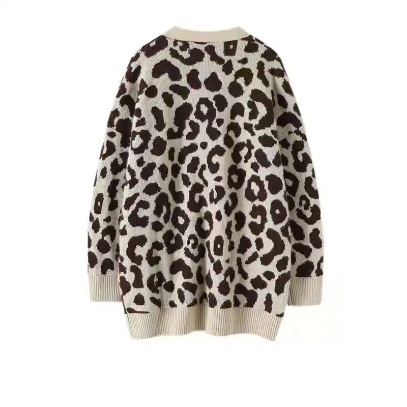 V-neck women's buckle coffee leopard print cardigan long sleeve sweater autumn / winter knit loose oversize long jump casual