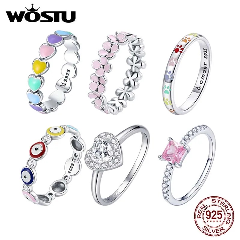 WOSTU Authentic 925 Sterling Silver Rainbow Heart Paw Eye Pink Flower Engagement Zircon Rings For Women Female Original Jewelry