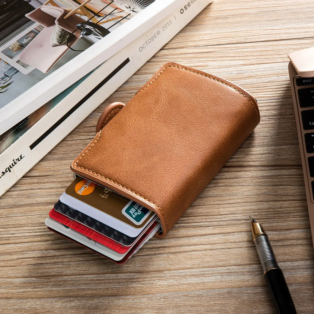 Retro fashion trend leather leather multi-slot large-capacity card holder anti-magnetic wallet card holder portable aluminum