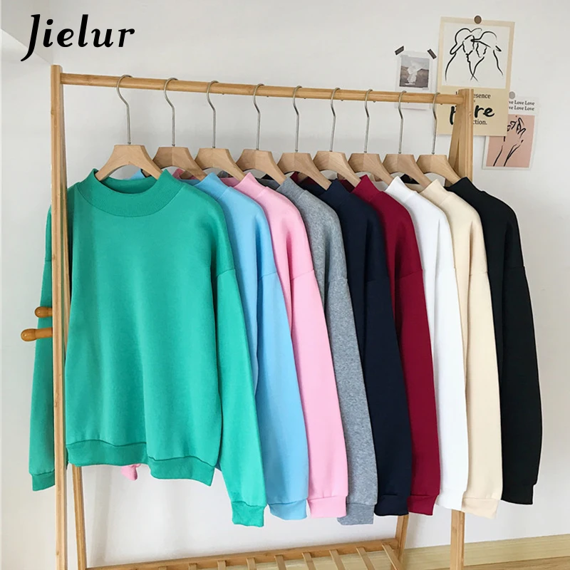 Jielur New 9 Colors Pink Green O-neck Hoodies Women Winter Autumn Pullover Sweatshirt Female Pure Color Loose Tracksuit M-XXL