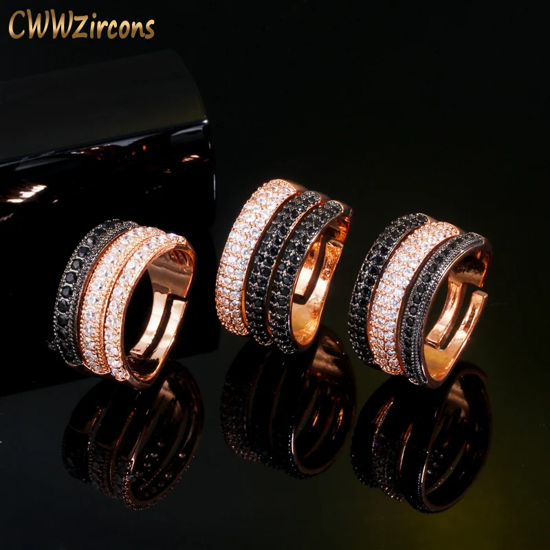 CWWZircons Adjustable Size 3 Layers Black White CZ Stone 585 Rose Gold Color Open Rings Female Wedding Engagement Jewelry R165
