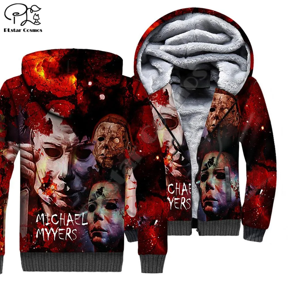 Plstar cosmos michael myers dia das bruxas 3d imprimir roupas de inverno casual capuz grosso casaco com zíper homem velo hoodies jaqueta M-6