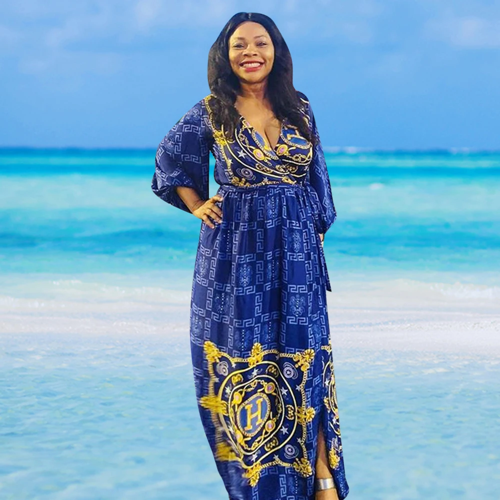 

Africaine Femme Robe 2021 Sexy V-collar Party Long Dress African Bobo Puff Sleeve Printing Fashion Boubou Split Elastic Dresses
